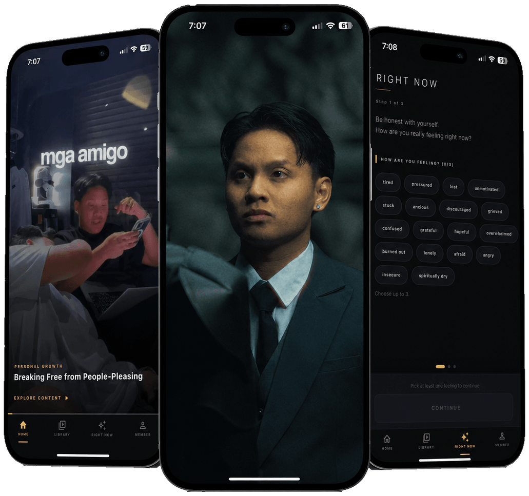 Joseph Sabello app — Home, cover, and Right Now screens